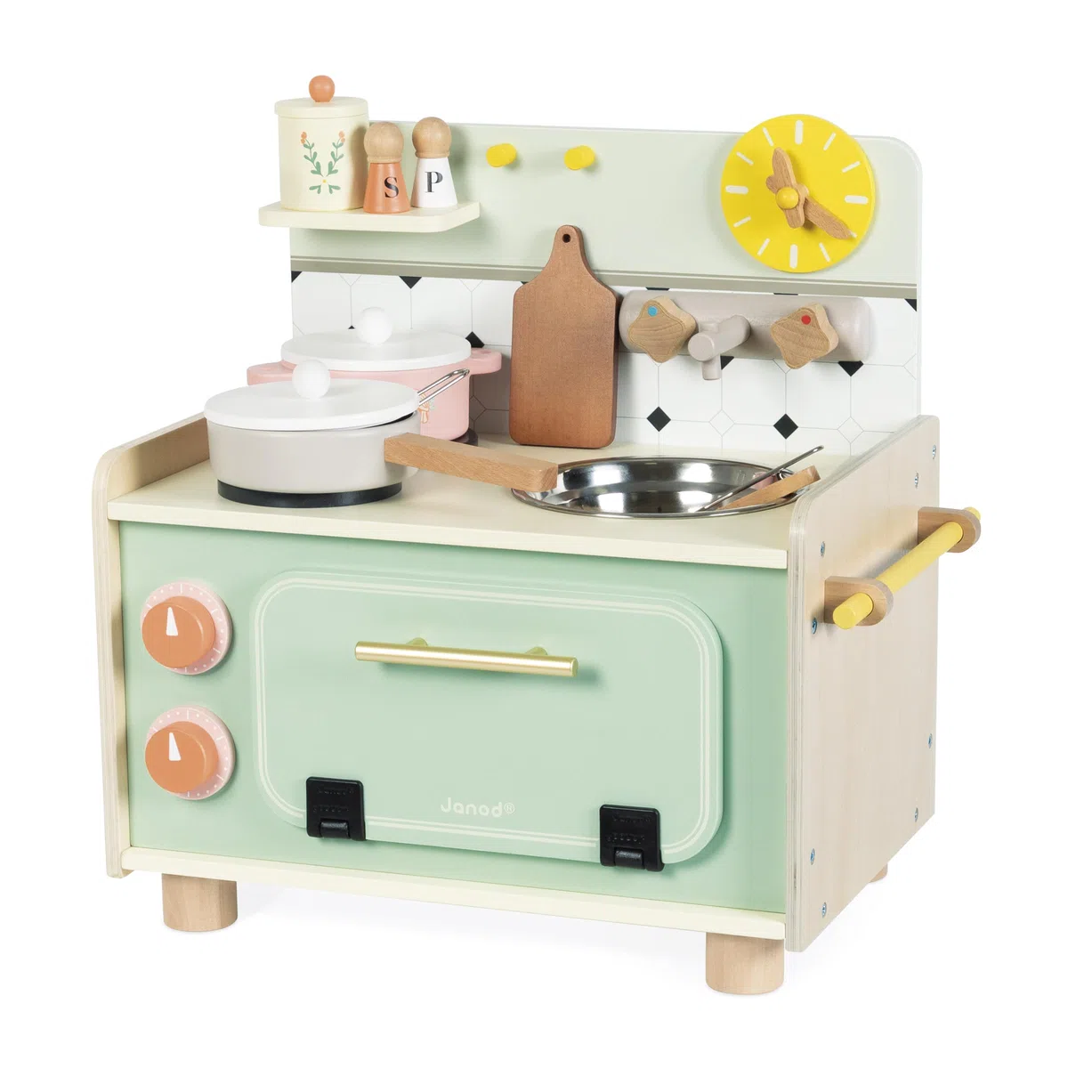 Janod - Cucinino per Bambini in Legno - Cucina per Bambini con Quattro Utensili e 10 Accessori Inclusi - Boutons Rotatifs Sonores - Jouet Imitation et Eveil - da 2 Anni, J06640