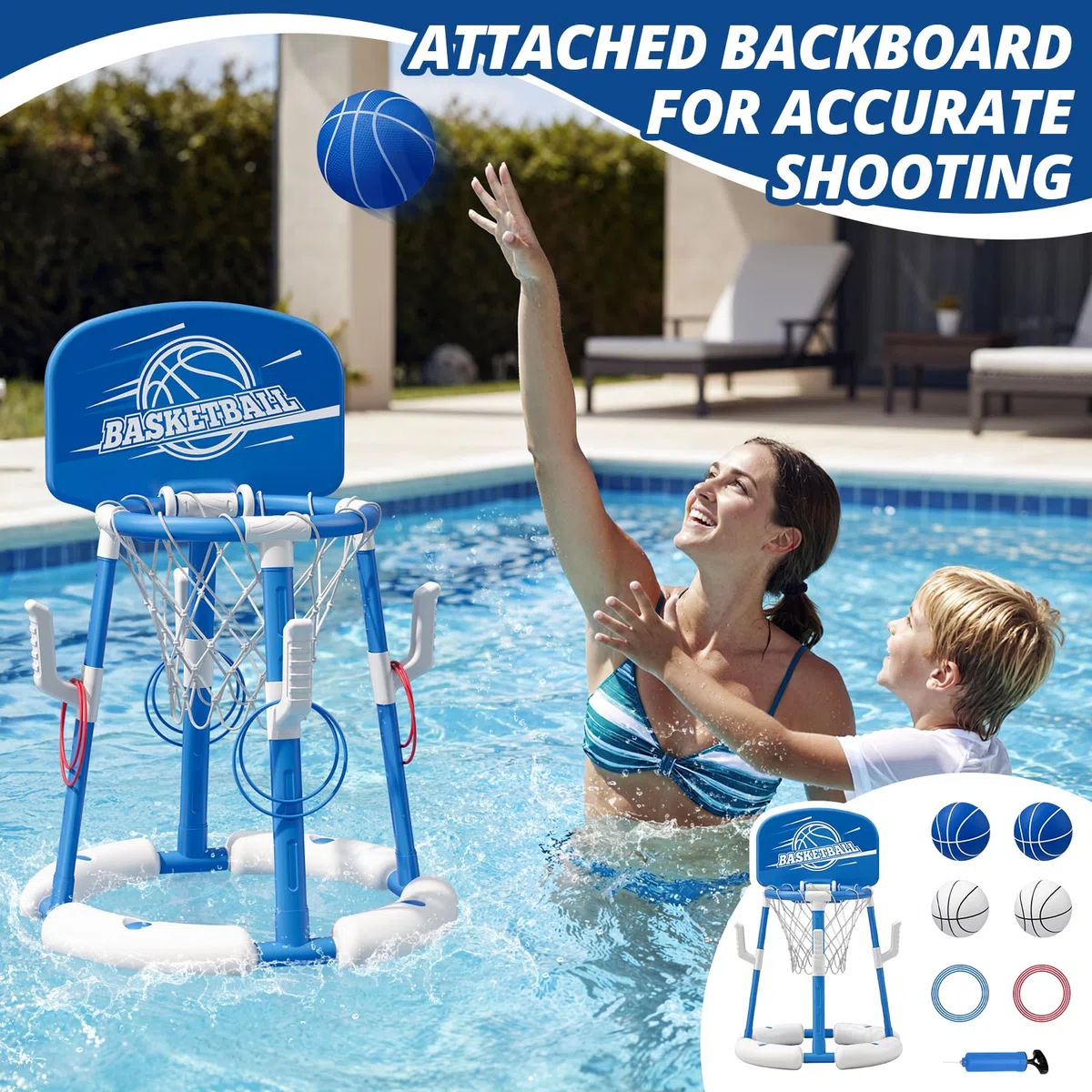 HYES Canestro da Basket per Piscina, Canestro Piscina Galleggiante con 4 Palline e Pompa, 8 Anelli, Set da Canestro Basket Giochi Acqua Piscina per Bambini e Adulti, Blu