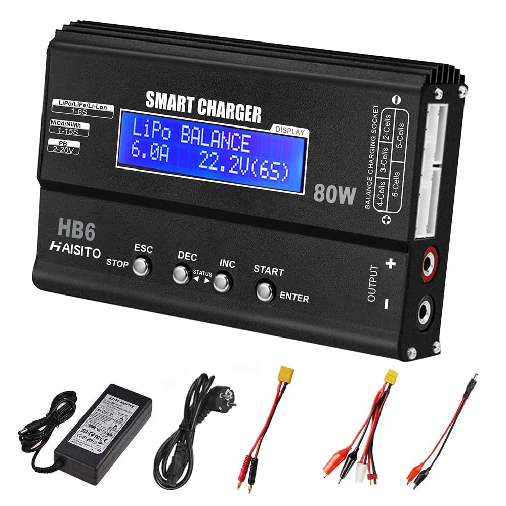 Haisito Caricabatterie Lipo 80W 6A Lipo Balancer per batteria Lipo/Li-Ion/Life (1-6S) e NiMH/NiCd (1-15S), caricatore RC con schermo LED, alimentatore e adattatore XT60 / Deans/JST/Futaba