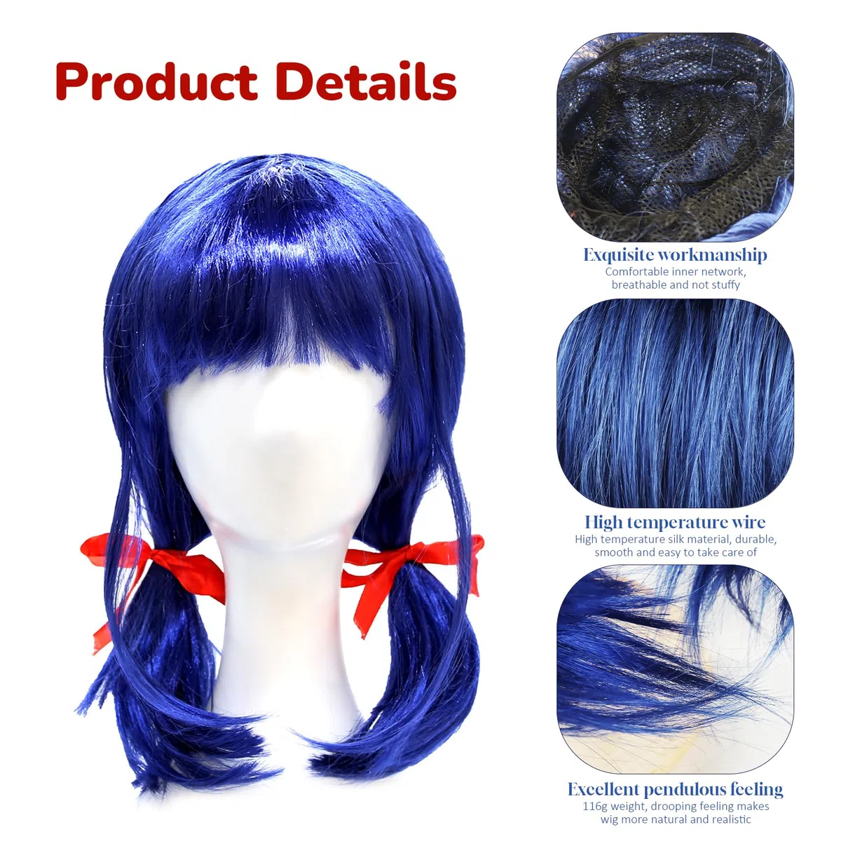 Parrucca Ladybug per Bambini, Parrucca Cosplay Blu Corta, Parrucca Ladybug Ragazze con Fiocchi Rossi, Parrucca Cosplay Anime, per Ragazze Cosplay Anime Costume Masquerade