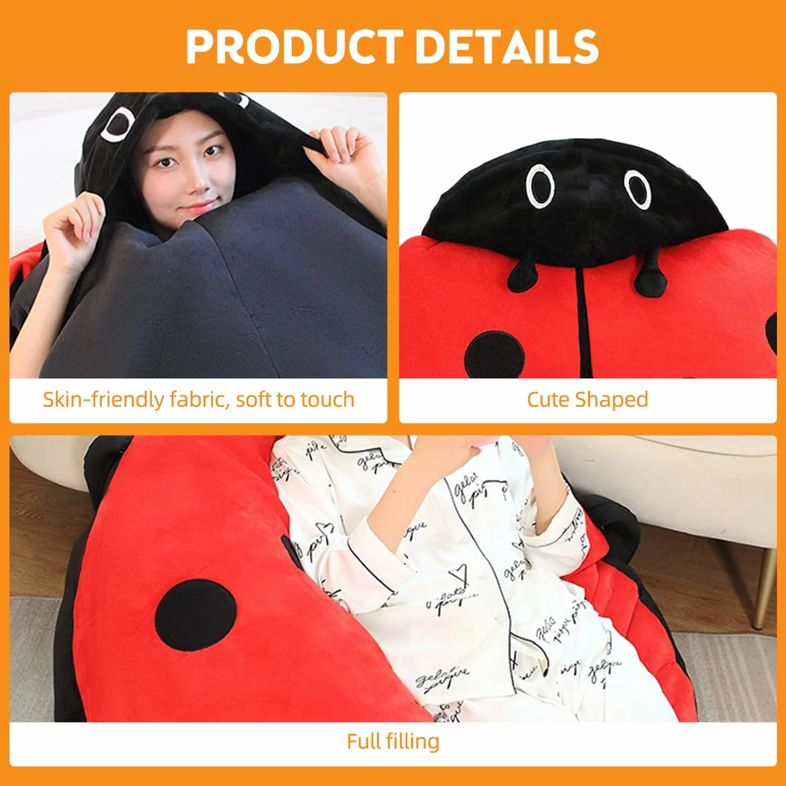 FILFEEL Cuscino Coccinella Indossabile, Peluche Coccinella Gigante per Dormire e Rilassarsi, Vestiti, Morbido e Accogliente, Oggetto Decorativo, Rosso (100cm)