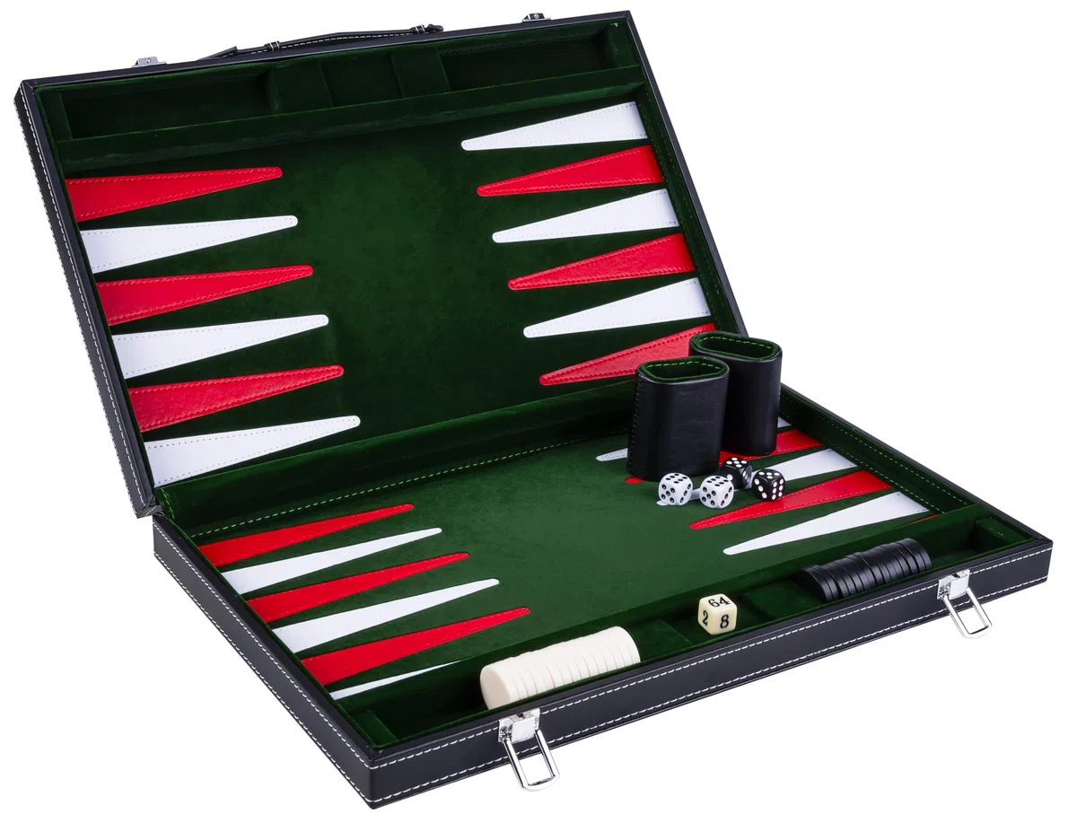 Engelhart – 250518 – Backgammon Deluxe 18” (45,5 cm) con Tavola Cucita – Valigetta Nera in Similpelle con Manico – Verde, Rosso, Bianco – Gioco da Viaggio per 2 Giocatori