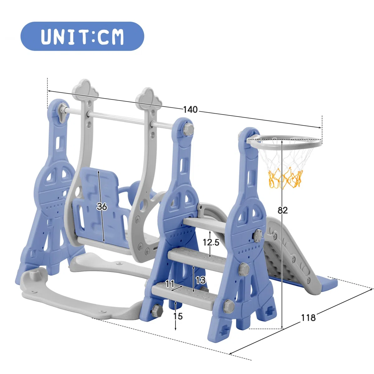 Scivolo per bambini 4 in 1, divertente scivolo con altalena, scala da arrampicata e cestino da basket, area giochi per bambini da 1 a 6 anni (blu, 140x118x102 cm)