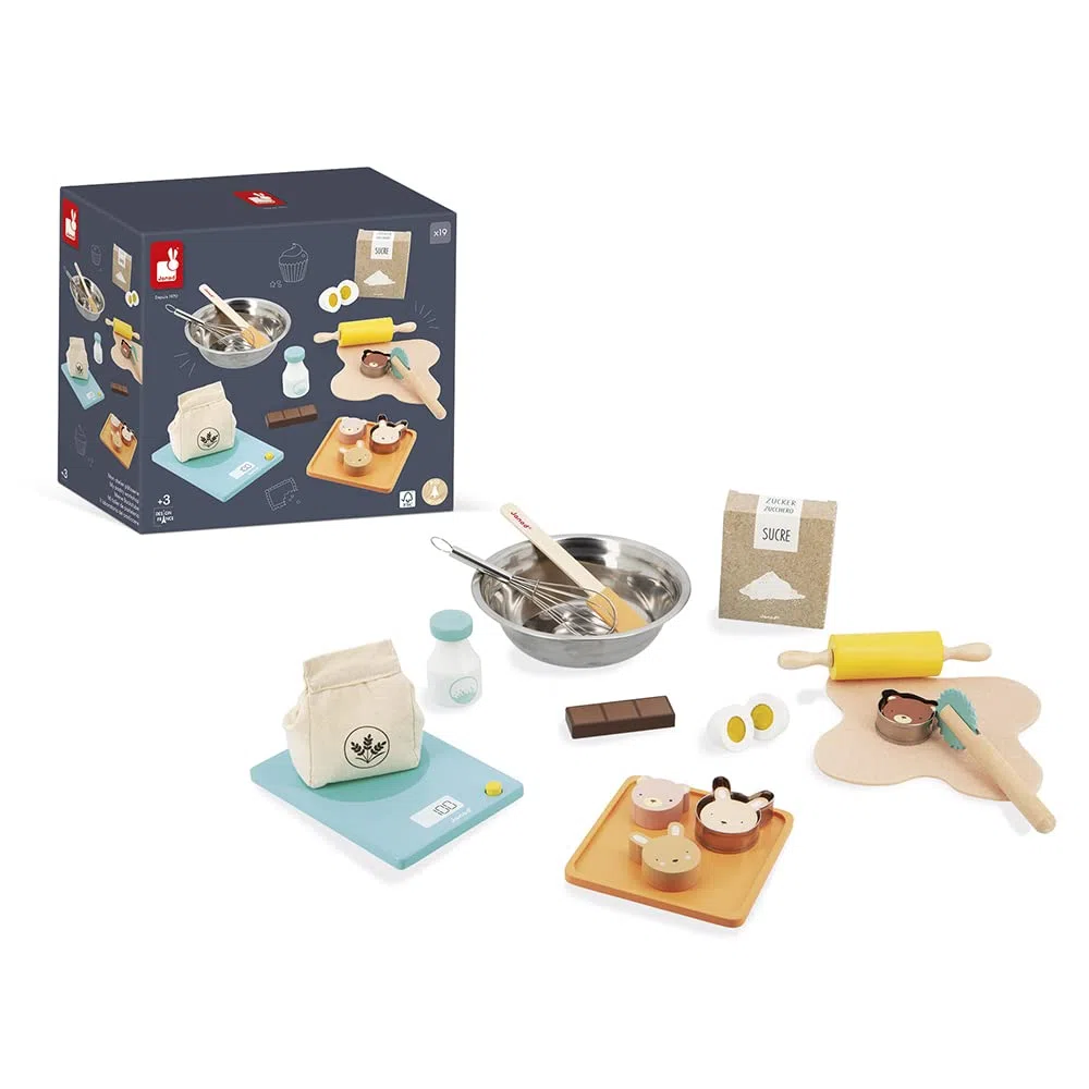 Janod Il Mio Set da Pasticcere, Giocattolo di Imitazione Cucina e Ristorante, 19 Accessori in Legno e Feltro, Certificato FSC, Vernice ad Acqua, dai 3 Anni, J06618