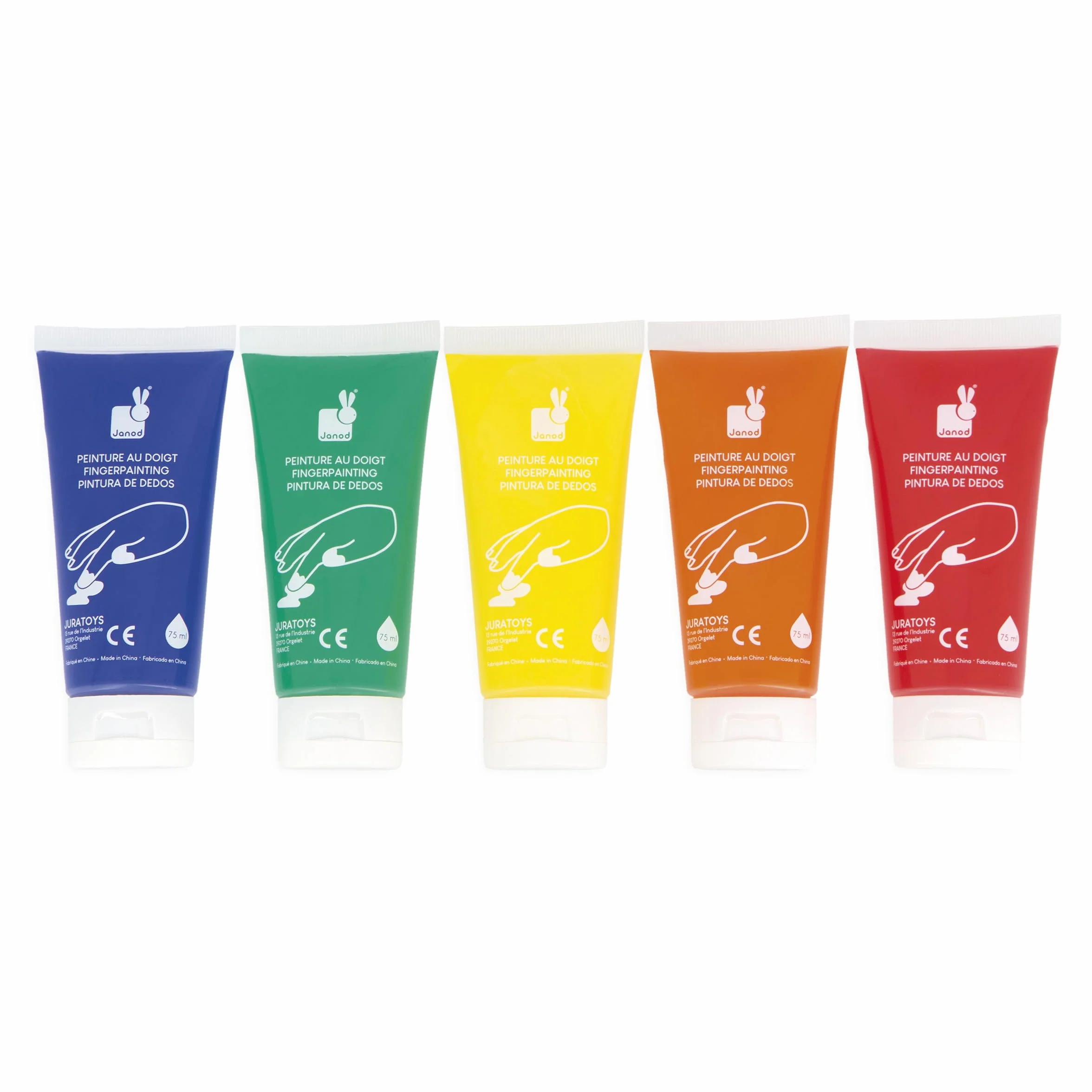 Janod - 5 tubetti di pittura a dita per bambini a partire da 1 anno - Tubetto da 75 ml - Dermatologicamente testato - Ideale per i più piccoli - A partire da 12 mesi - J07403
