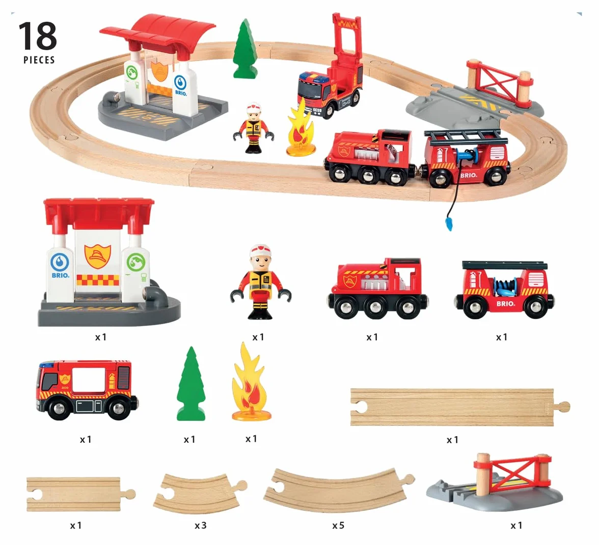 BRIO World - Set Ferrovia dei Vigili del Fuoco, Set Costruzioni Trenino in Legno, Giocattolo per Bambino e Bambina 3+ Anni