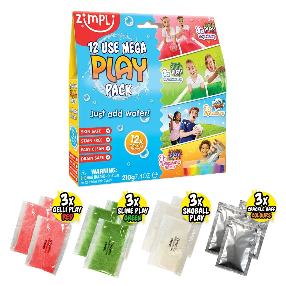 ZIMPLI - Confezione Mega Play da 12 utilizzi, 3 x Gelli Play, 3 x Slime Play, 3 x Snoball Play e 3 x Crackle Baff, Giocattolo sensoriale per Bambini, Gioco Creativo Fai-da-Te, Regalo di Natale