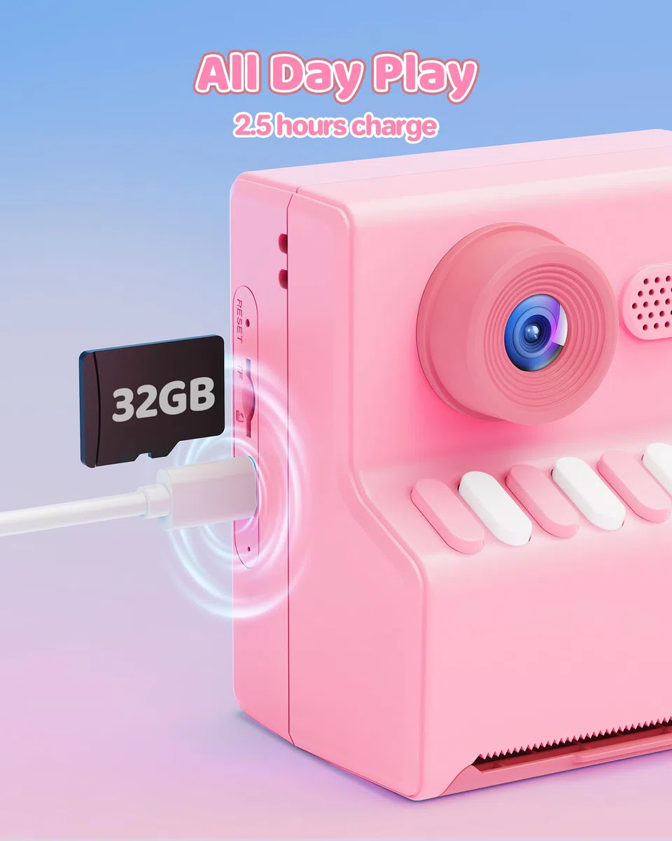 Macchina Fotografica Bambini Istantanea Rosa: HODDRCCN Macchina Fotografica Istantanea Bambini - Registrazione Video 1080P - Lettore MP3 - Include Scheda SD da 32 GB e Cordino Portatile