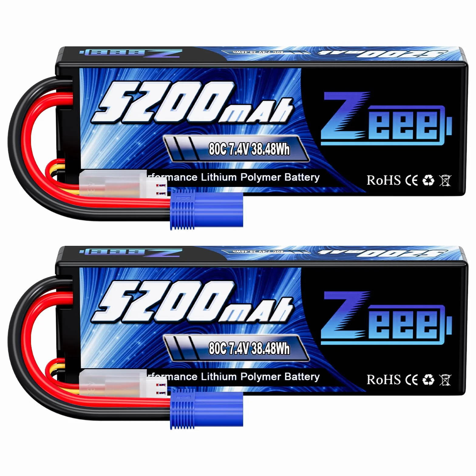 Zeee 2S Lipo Batteria 7,4V 80C 5200mAh RC Batteria Hardcase con Connectore EC5 Spina per RC Evader BX RC Veicolo Auto LKW Truggy RC Nave RC Modells RC Hobby (2 pezzi)