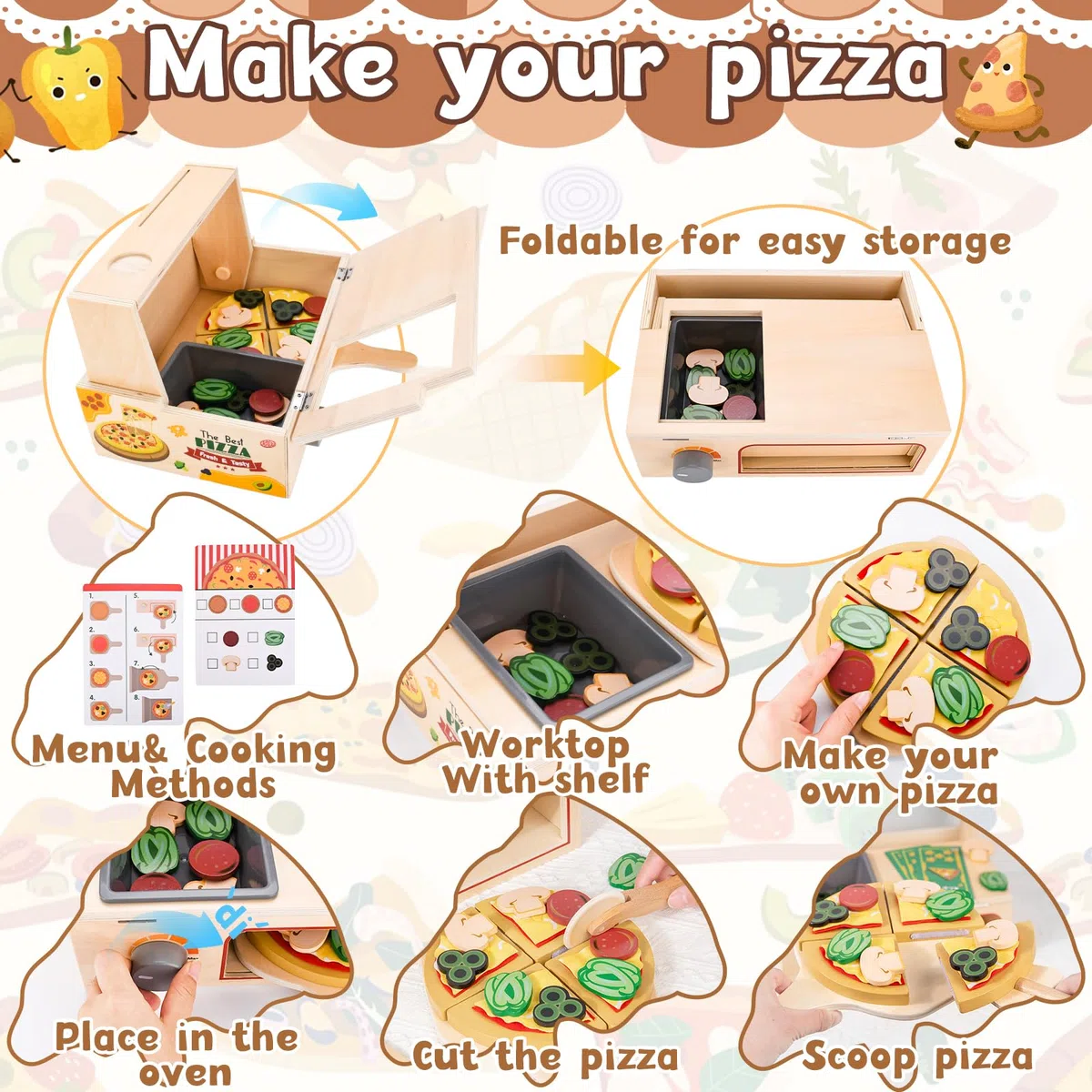 JOYBOY Pizza Giocattolo in Legno,Set Pizza in Legno,Set da Gioco per Pizza,Giocattolo Educativo per L'apprendimento Playset in Legno con Forno,Regalo di Compleanno di Natale per 3 4 5 6 Anni