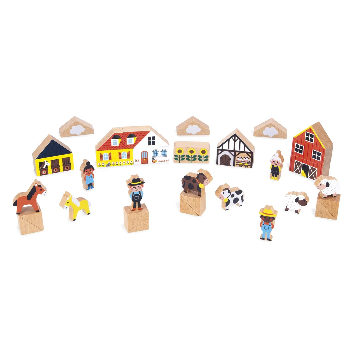Janod Set di 34 cubi in Legno Massiccio, Tema Country, Complemento Ottime ai tappetini per Auto, Gioco di Costruzione, Sviluppa l'immaginazione, Giocattolo in Legno FSCTM, da 2 Anni, J05937