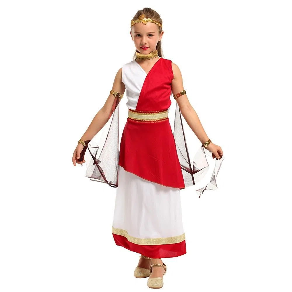 Lito Angels Vestito Costume Antica Dea Romana Greca Mitologia Principessa con Corona Alloro Dorata per Bambina, Bianco Rosso