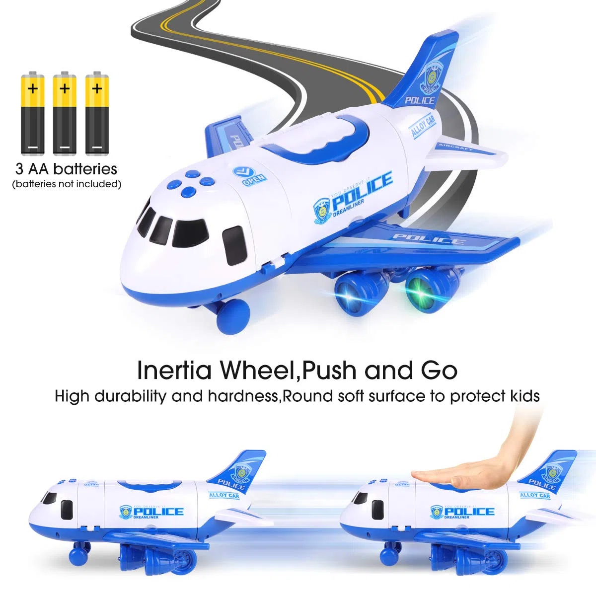 SHANNA Aerei Giocattolo Bambini, Aeroplano A Inerzia con Set di Giocattoli Educativi per Veicoli, 1 Aereo Grandi Dimensioni, 4 Auto in Lega Ragazzo Ragazze Regalo (Auto Polizia-Blu)