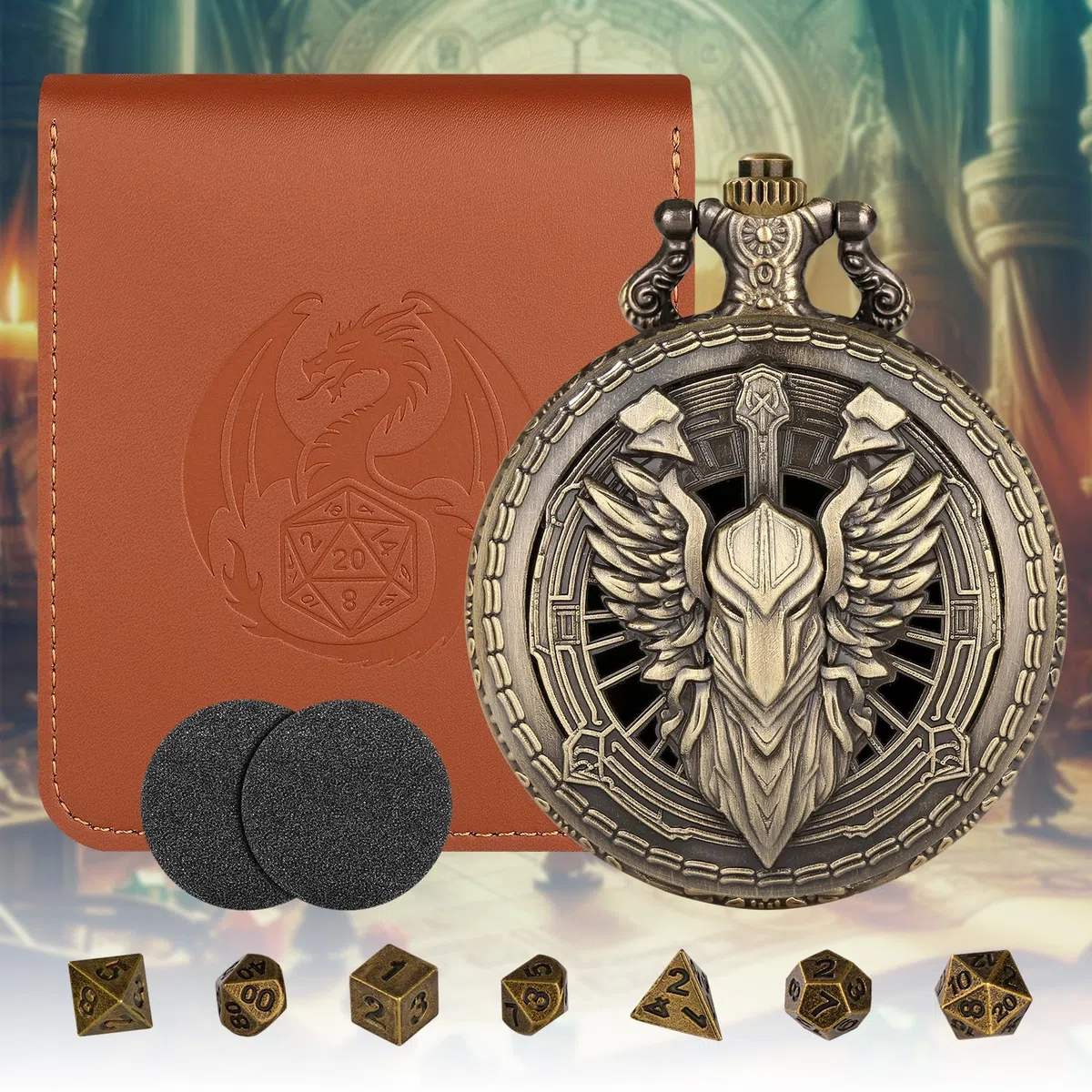 Mini set di dadi con custodia in bronzo cavaliere paladino cavaliere guerriero – Regali di D&D con borsa per dadi, set di 7 dadi in metallo poliedrico D&D, set per principianti per giochi di ruolo da