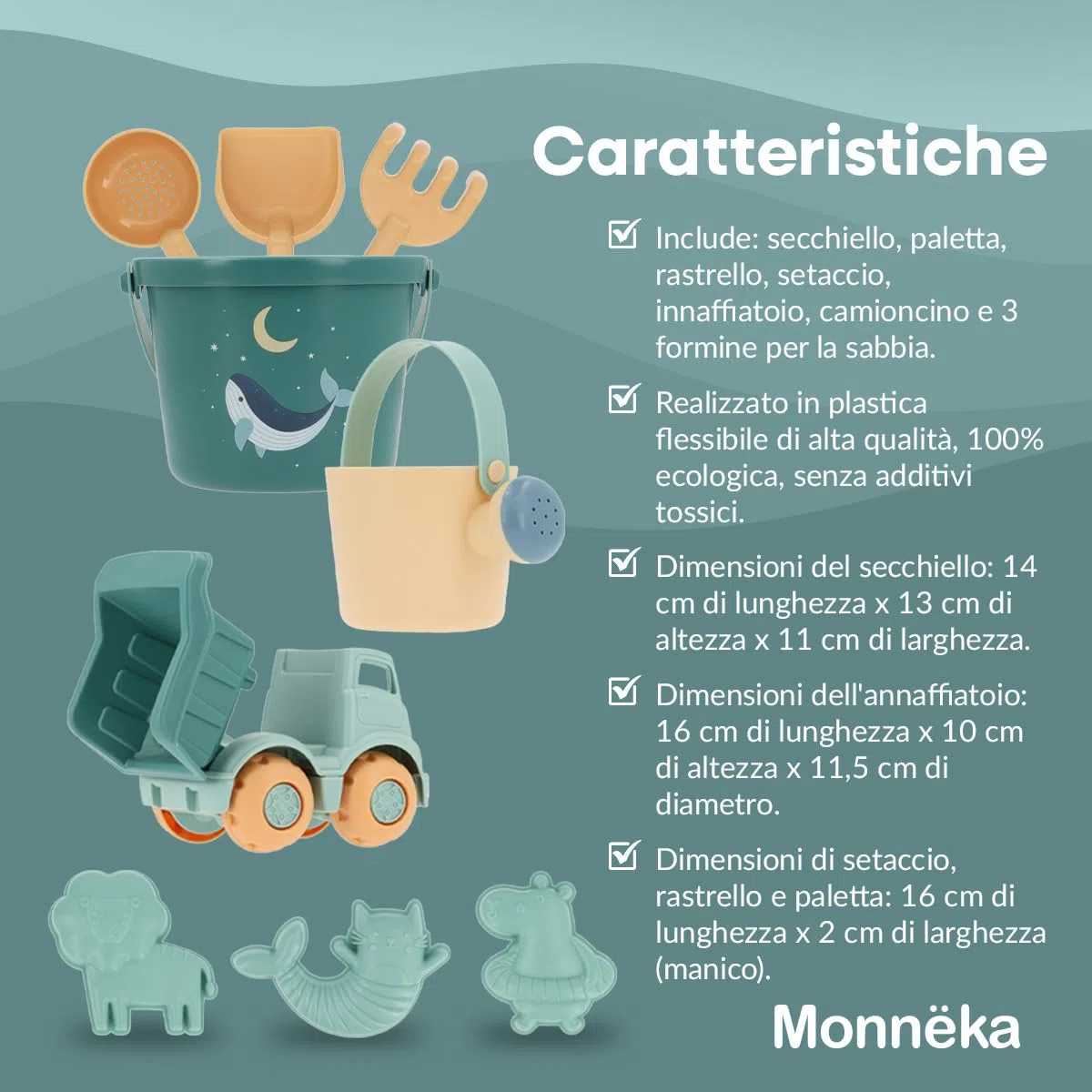 Set Giocattoli Spiaggia Bambini | Secchiello, Palette, Rastrello, Annaffiatoio, Camion | Giochi Mare Bambini 1 Anno, 2 Anni | Ecologico Senza BPA | Borsa Spiaggia | Whale Teal