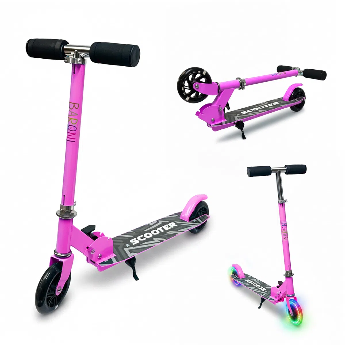 Baroni Toys Monopattino per Bambini dai 3 Anni con Ruote LED, Monopattino in Ferro, LED Senza Batterie, Manubrio Regolabile 60-80 cm, Richiudibile e Salvaspazio, Freno Posteriore, 28x70x80cm