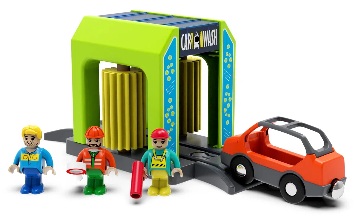 Accessori Ferroviari in Legno Autolavaggio per Ferrovia, Giocattolo Treno Compatibile con Tutte le Principali Marche di Sistema di Treno-Set, Stazione Ferroviaria per Bambini