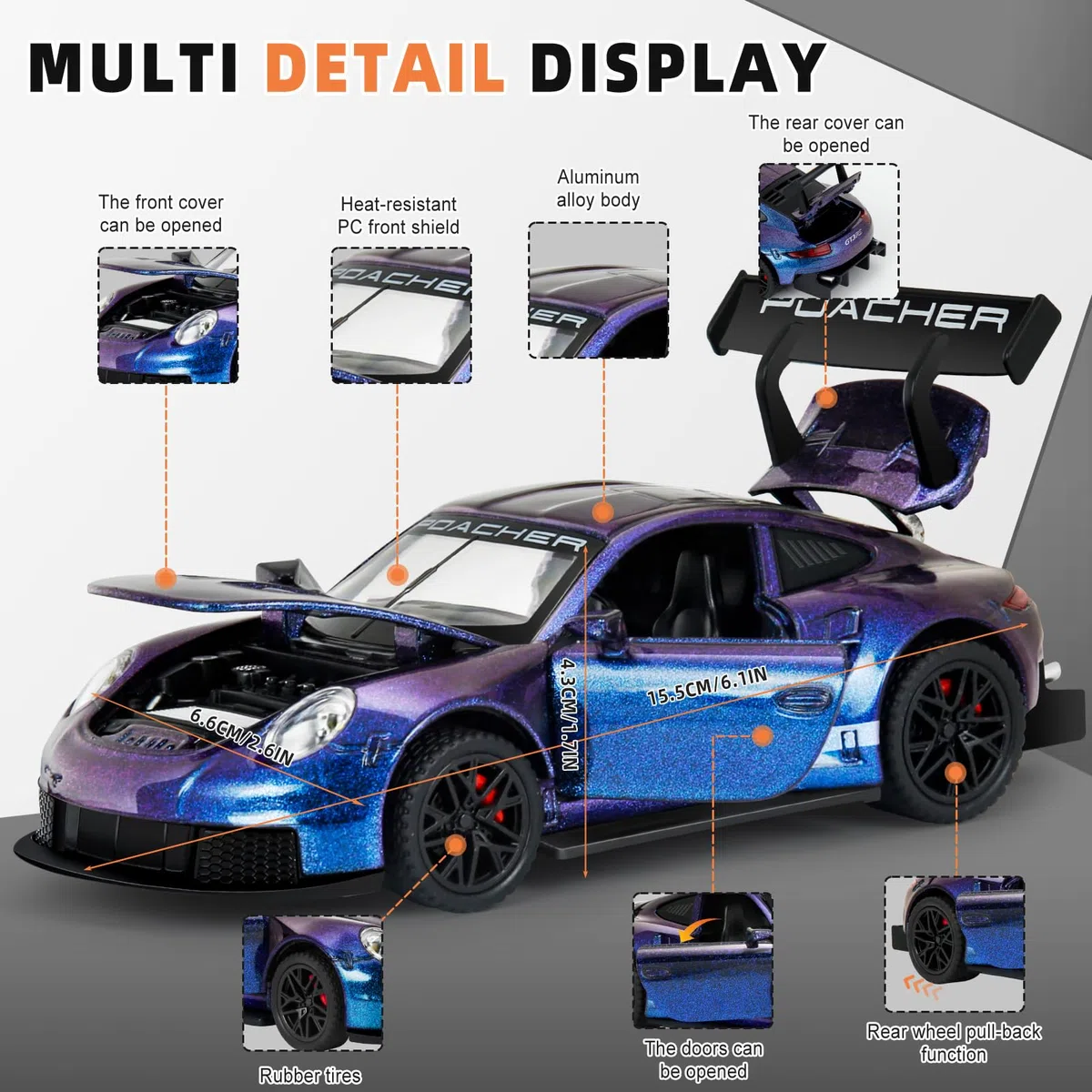 911 GT3RS 1:32 Modellino, Macchinine in Metallo Pressofuso, Giocattoli per Bambini con Suoni e Luci con Funzione pull-Back per Bambini dai 3 Anni in su e Collezionisti di Auto (Viola)