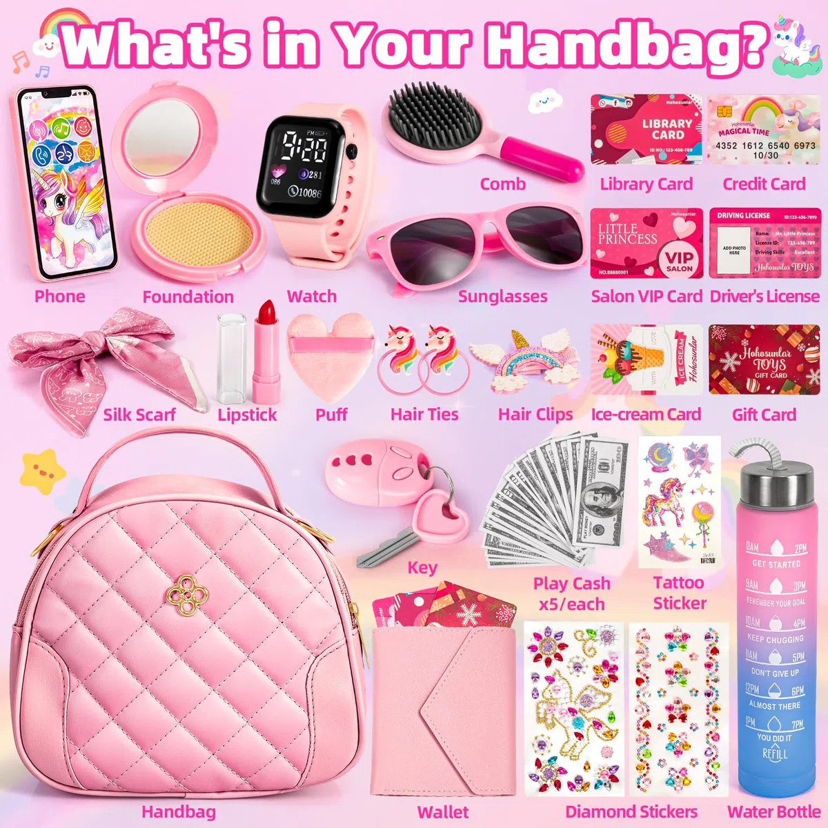 Hohosunlar Borsetta per Bambina con Accessori Giocattolo, Trucchi Bambina, DIY Unicorno Bottiglia D'acqua, Watch, Telefono, Portafoglio, Regali di Compleanno di Natale per Ragazze 3 4 5 6 7 8 Anni