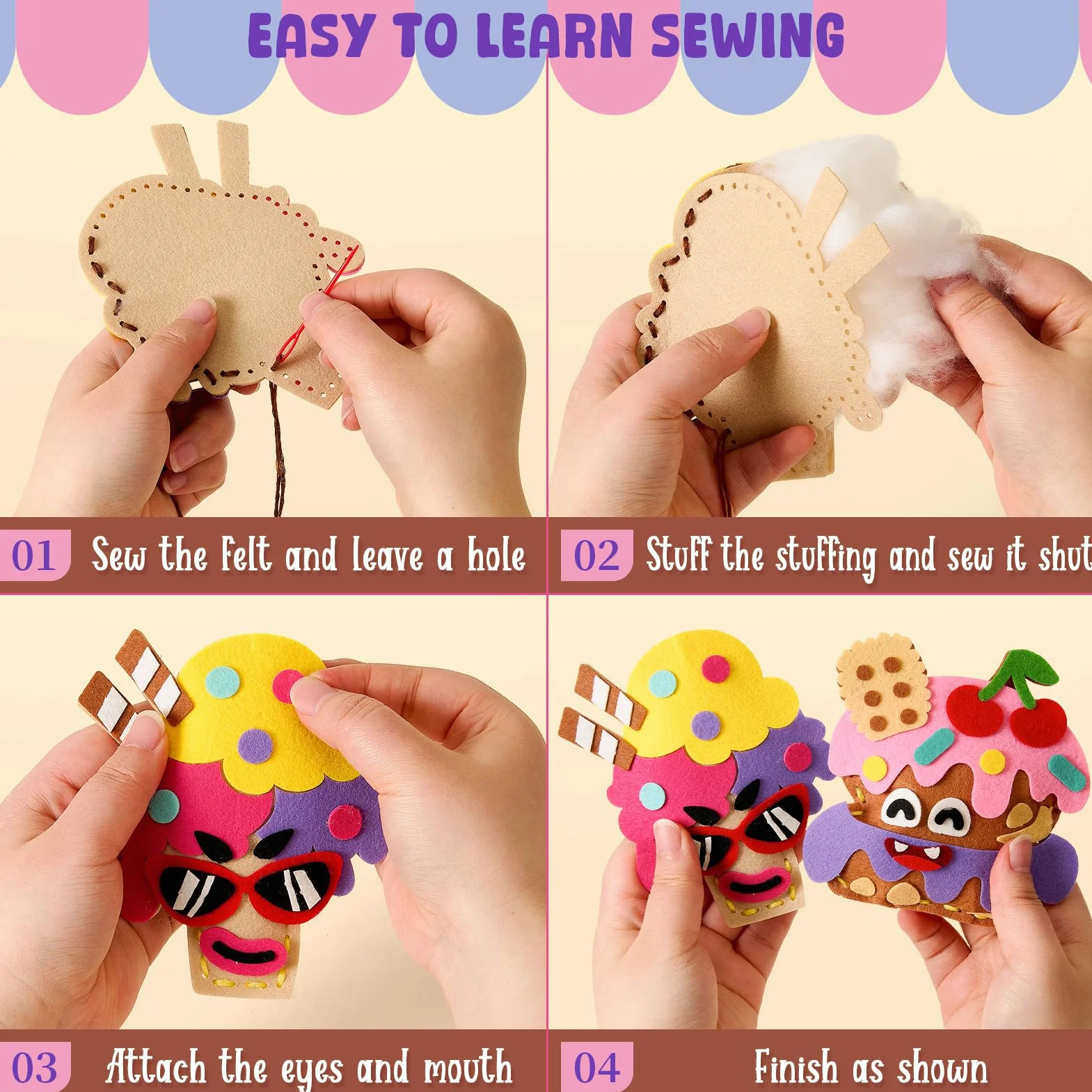 Kit Cucito in Fieltro per Bambini 6-10 Anni, Kit Artigianato Ragazze 12 Dessert Feltro Fai Da Te & Fili da Ricamo & Aghi di Plastica, Creativi Cucito Regalo per Bambino 5 6 7 8 9 10 Anni (Dessert 1)