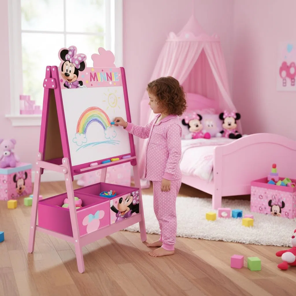 ARDITEX - Lavagna per bambini di Disney Minnie Mouse con doppia superficie per gessetti e pennarelli e 2 contenitori in tessuto per riporre oggetti - 54x45x117cm - Contenitori da 24x30x15cm - rosa