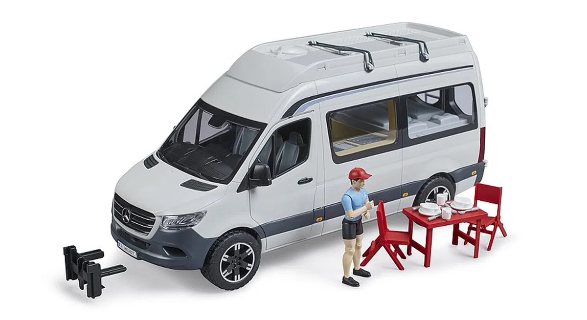 bruder 02672 - Camper Mercedes Benz Sprinter con Autista, Set Giocattolo da Campeggio con Tavolo e stoviglie