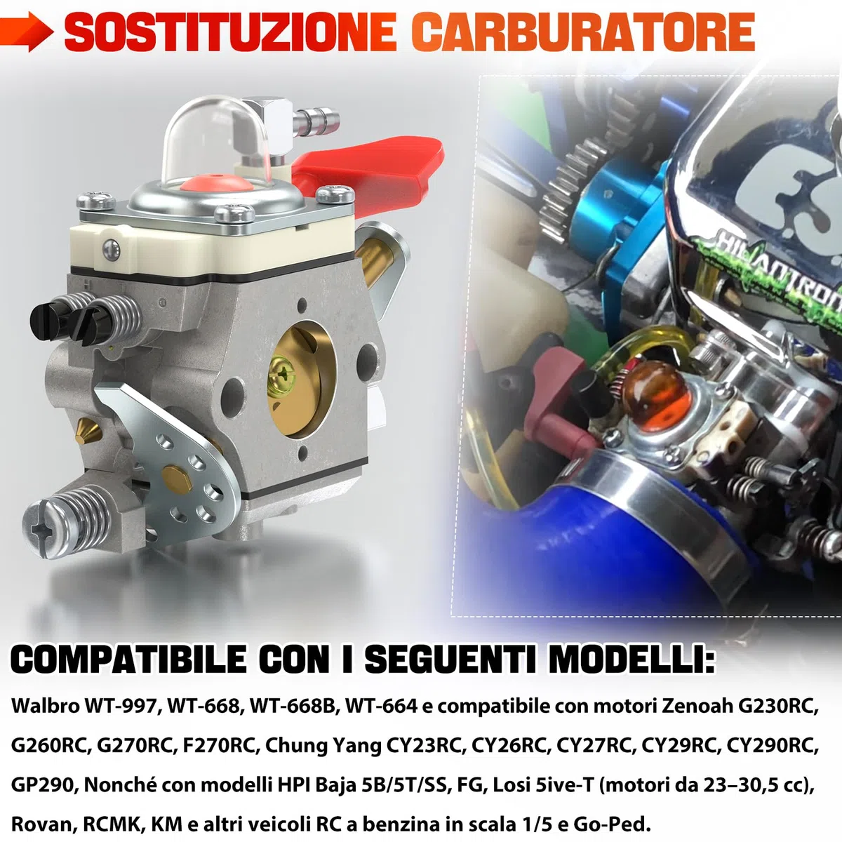 1PZ Kit Carburatore per Walbro WT-668 WT-668B Baja 5B 5T 23-30,5cc | Compatibile con WT-997, WT-664, HPI Baja 5B SS, Rovan, KM, Zenoah, CY, RCMK e Losi 5ive-T