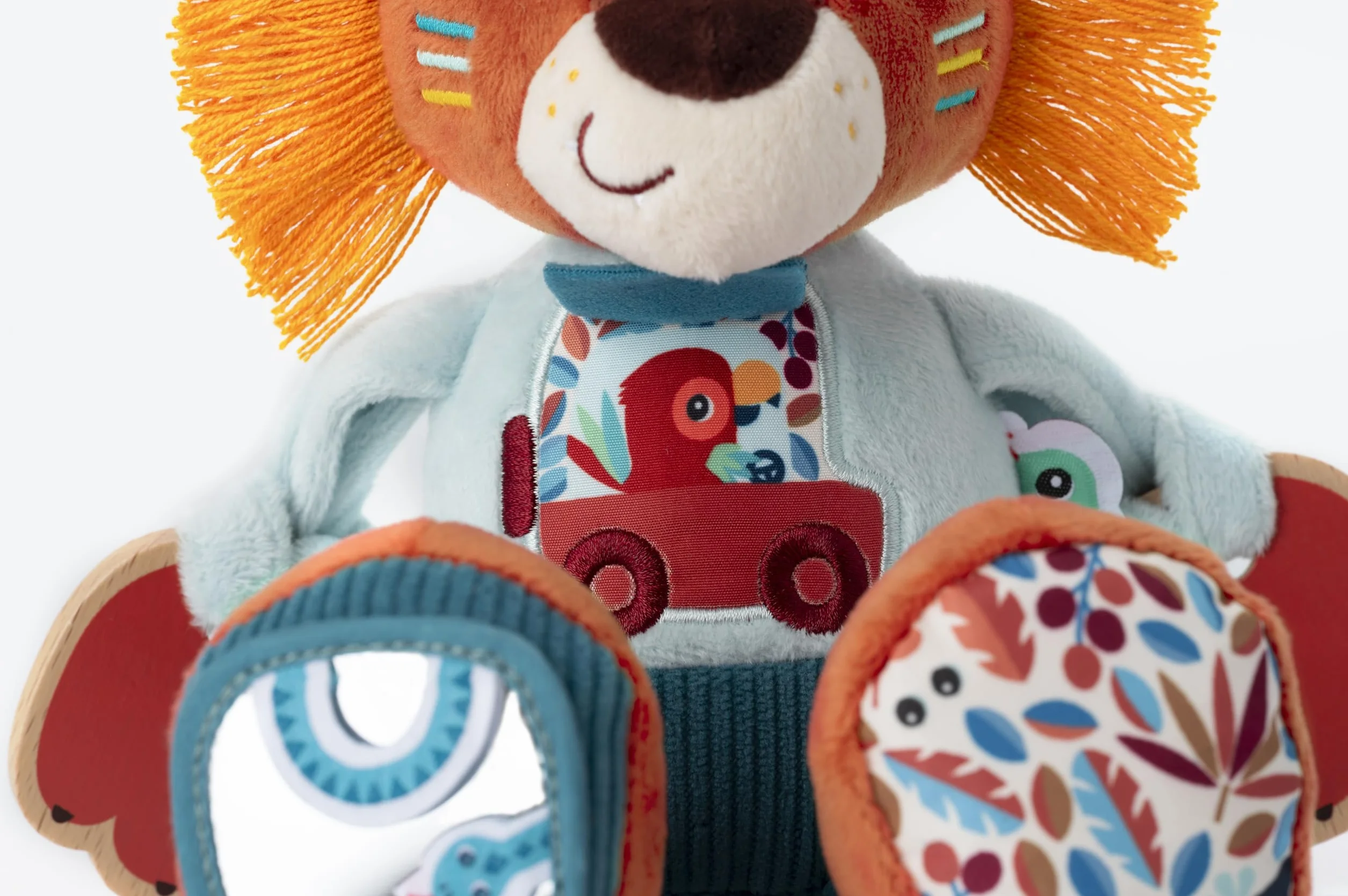LILLIPUTIENS - Peluche attività Jack Il Leone - Sonaglio interattivo per Bambini con Specchio, campanella e Rumore di Carta - Stimola i Sensi, Le capacità motorie e l'immaginazione - 9 Mesi+