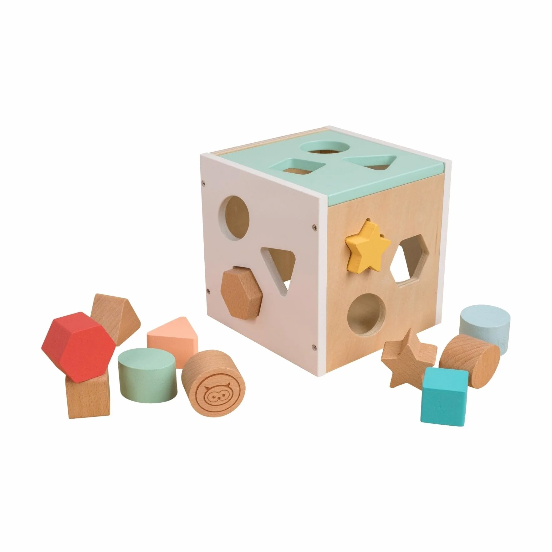 Owl & Fox OF212 - Cubo di smistamento in Legno, Giocattolo Montessori per Neonati e Piccoli a Partire da 12 Mesi, Forme assortite per Lo Sviluppo sensoriale e la risoluzione dei Problemi, in Legno