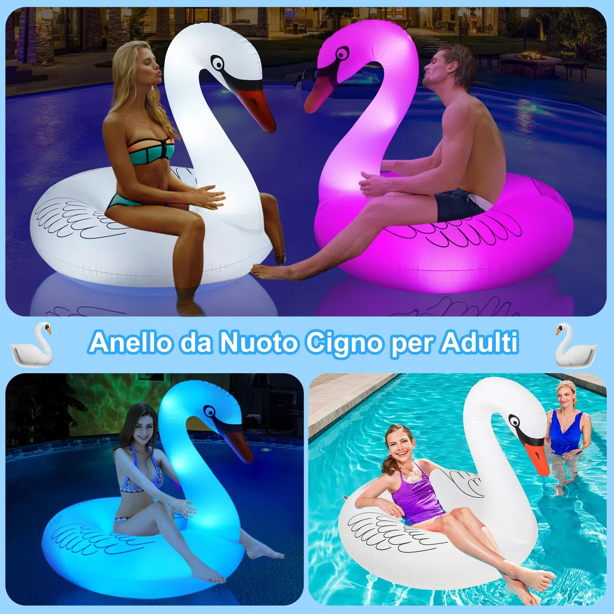 DeeprBling Cigno Gonfiabile Piscina con Luce che Cambia Colore, Cigno Gonfiabile Gigante ad Solare, Cigno Galleggiante Anello di Nuoto per Adulti, Cigno Gonfiabile per Piscina (106x106x92 cm)