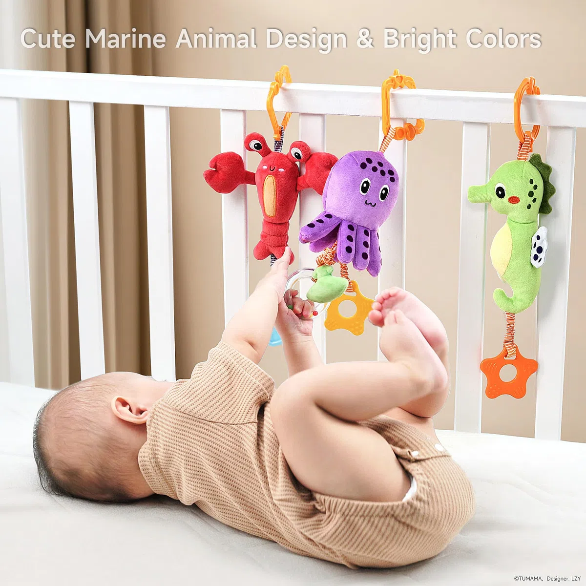 TUMAMA KIDS Giocattolo neonato 0 3 6 9 mesi, Giochi passeggino neonati, Polipo, Cavalluccio marino, Aragosta, Set di sonaglio montessori - Marina