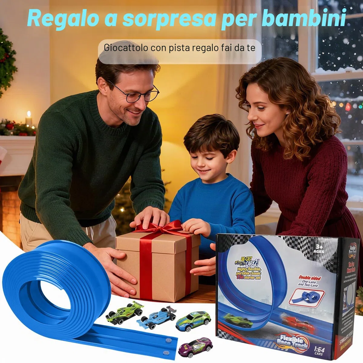Pista Macchinine (4.5 m), Pista Macchine Flessibile, Piste Macchinine per Bambini 3 4 5 6 7 Anni, Car Track, 4 Auto In Lega Borsa Portaoggetti Regalo per Bambino e Bambine, Blu