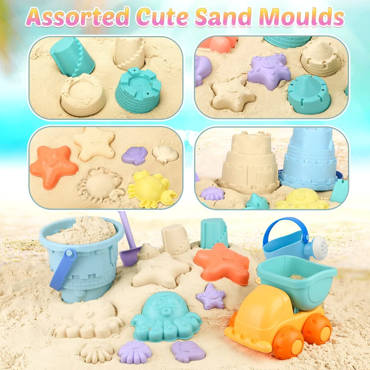 Dreamon Giocattoli da Spiaggia Set Giochi Bambini con Borsa Rete, Materiale Plastico Morbido 20 Pezzi