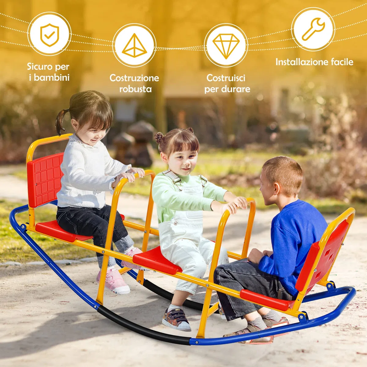 COSTWAY Altalena Saliscendi per Bambini, Altalena Basculante Oscillante di Metallo con Maniglie, Altalena Basculante per Interno ed Esterno, 3 Posti a Sedere (Rosso)