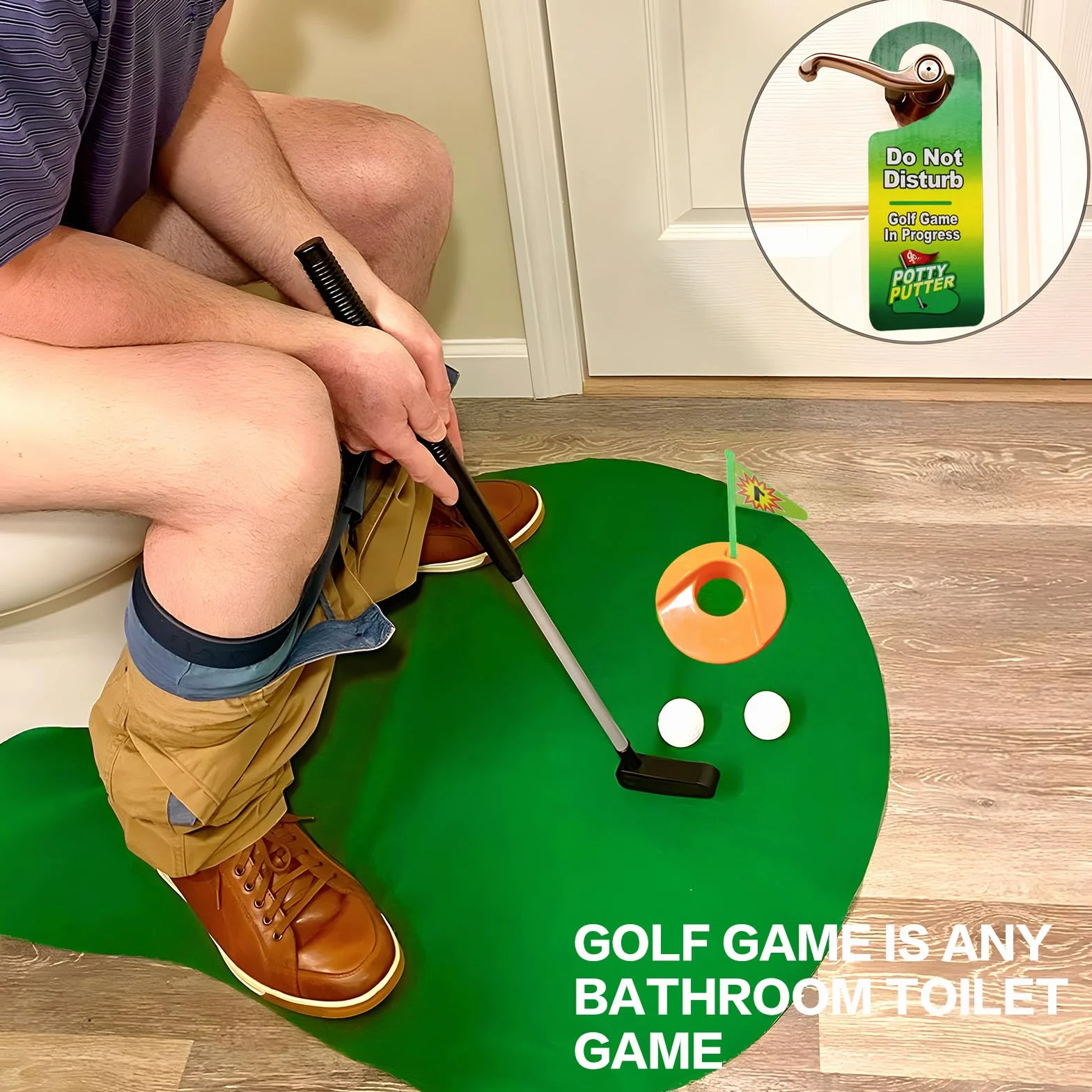 FAELNK Golf Toilet Game Golf Game Set Minigolf Adatto per Regali Divertenti per Giocatori di Golf con Mazza da Golf 65 cm, Tappetino da Golf, 2 Palline da Golf e Appendiabiti