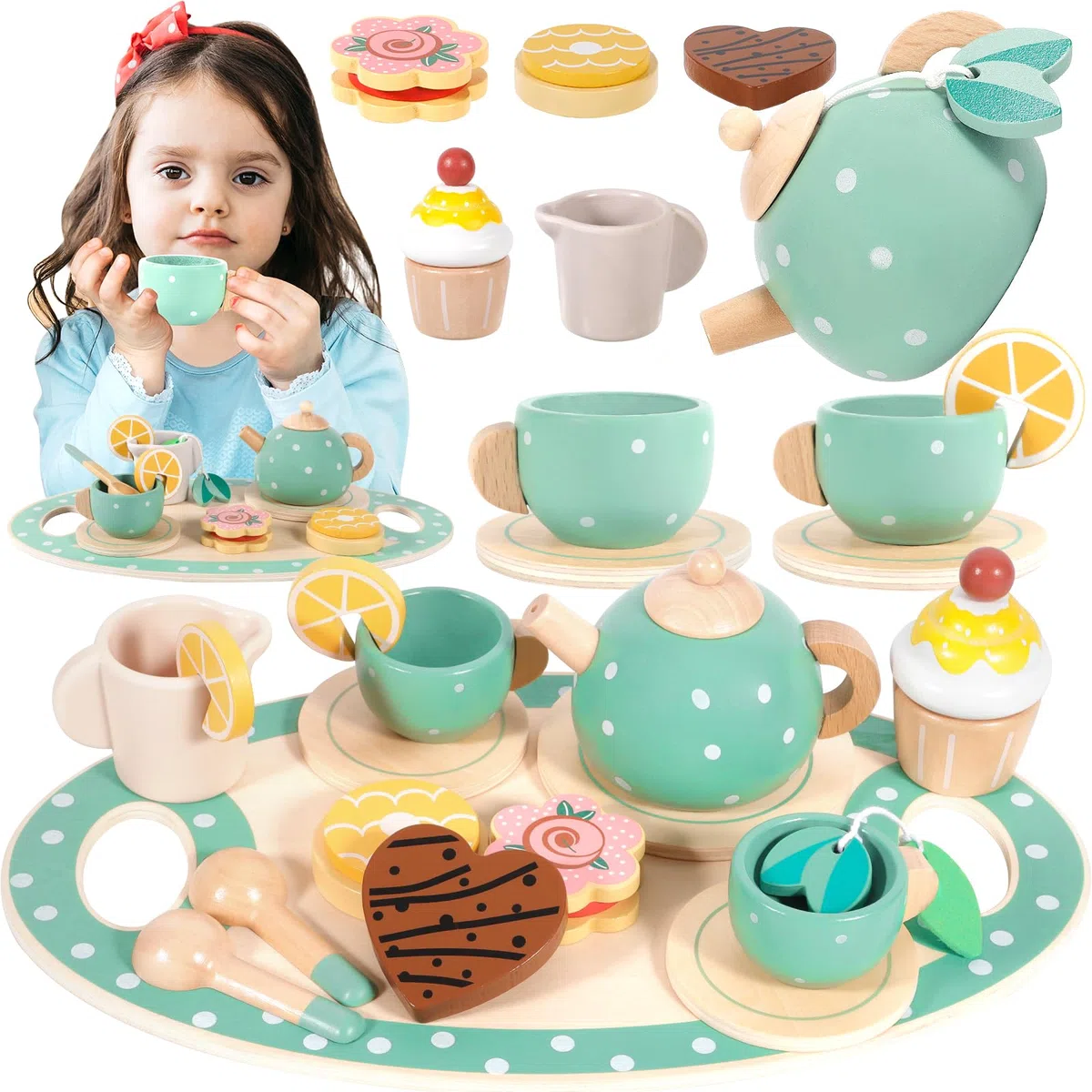 Set da Tè Giocattoli in Legno, 17Pcs Set da Tè per Bambini, Accessori Cucina Bambini, Set da Tè in Legno Gioco di Imitazione, Giocattoli in legno Regalo per Ragazzi Ragazze 3 4 5+ Anni