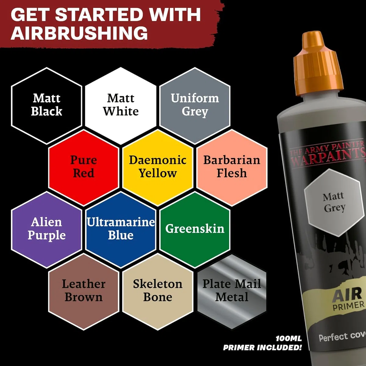 The Army Painter, Warpaints Air Starter Set, 12 x 18 ml Colori per aerografo incl. 1metallici e 1 Primer grigio - Colori per aerografo modellismo per Miniature Dnd e Warhammer 40k