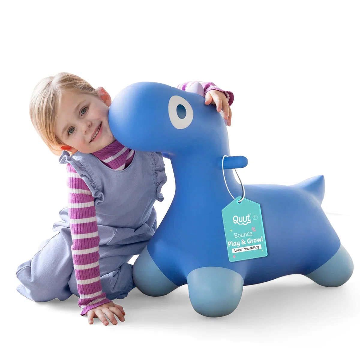 Quut - Hoppi Dino Springen - Giocattolo gonfiabile per saltare - Esterno ed Interno - Design - Pompa inclusa - Regalo - A partire dai 18 mesi (blu cosmico)