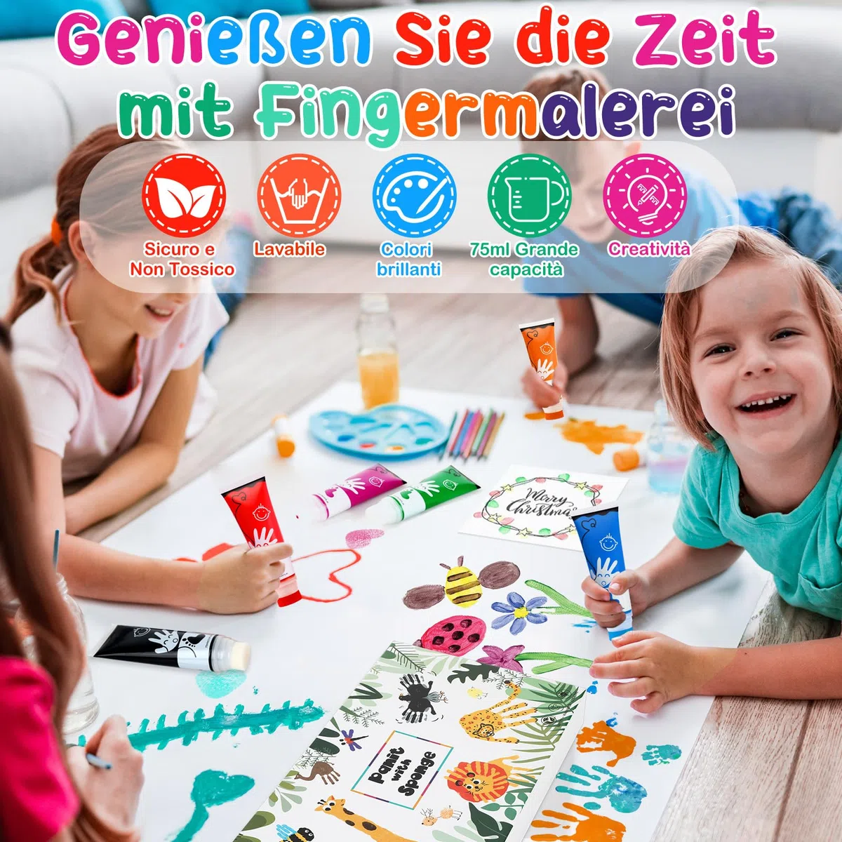 Colori a Dita per Bambini Atossici Con Testa In Spugna 8 Colori Lavabile 75 ml/tubo, Colori a Dita Adatto per i Regali di Educazione Precoce dei Bambini, Pittura Fatta a Mano