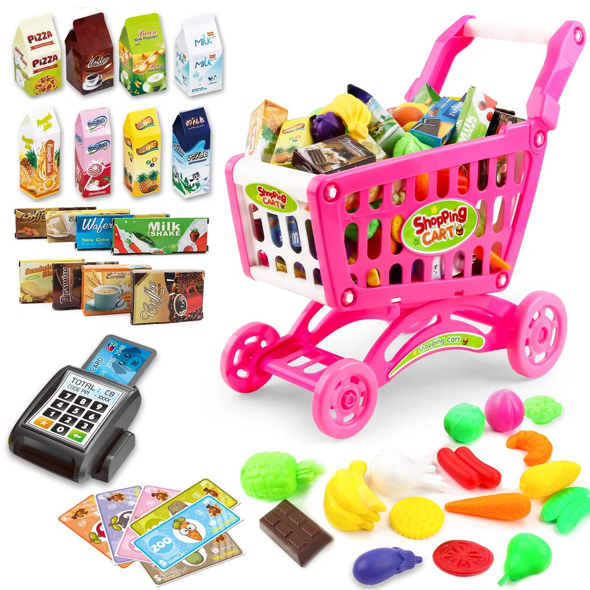 deAO Carrello Spesa Bambini Giocattolo, con più di 78 Accesori Giocattolo per Ragazzi e Ragazze, Rosa