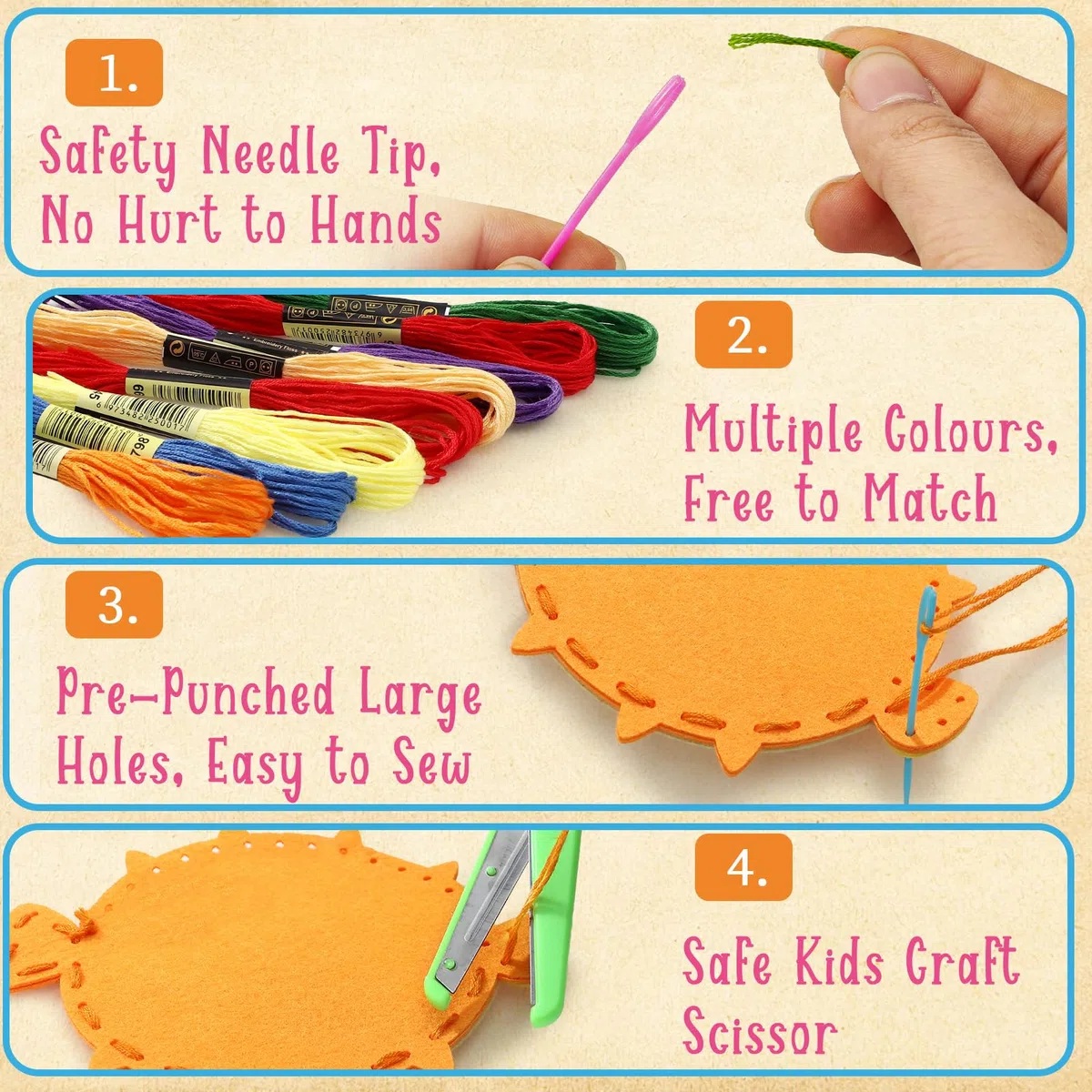 Toylink Kit Cucito in Fieltro per Bambini, Kit Lavoretti Creativi per Bambini con 12 Feltro & Fili da Ricamo & Aghi di Plastica, Fai Da Te Regalo Bambina Bambino 6 7 8 9 Anni