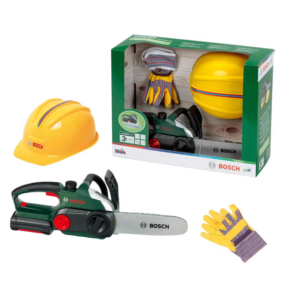 Theo Klein 8456 Set da Lavoro Bosch I Resistente Motosega con Luce e Suono I Elmetto e Guanti di Alta qualità per Giochi di Ruolo I Giocattoli per Bambini dai 3 Anni in su