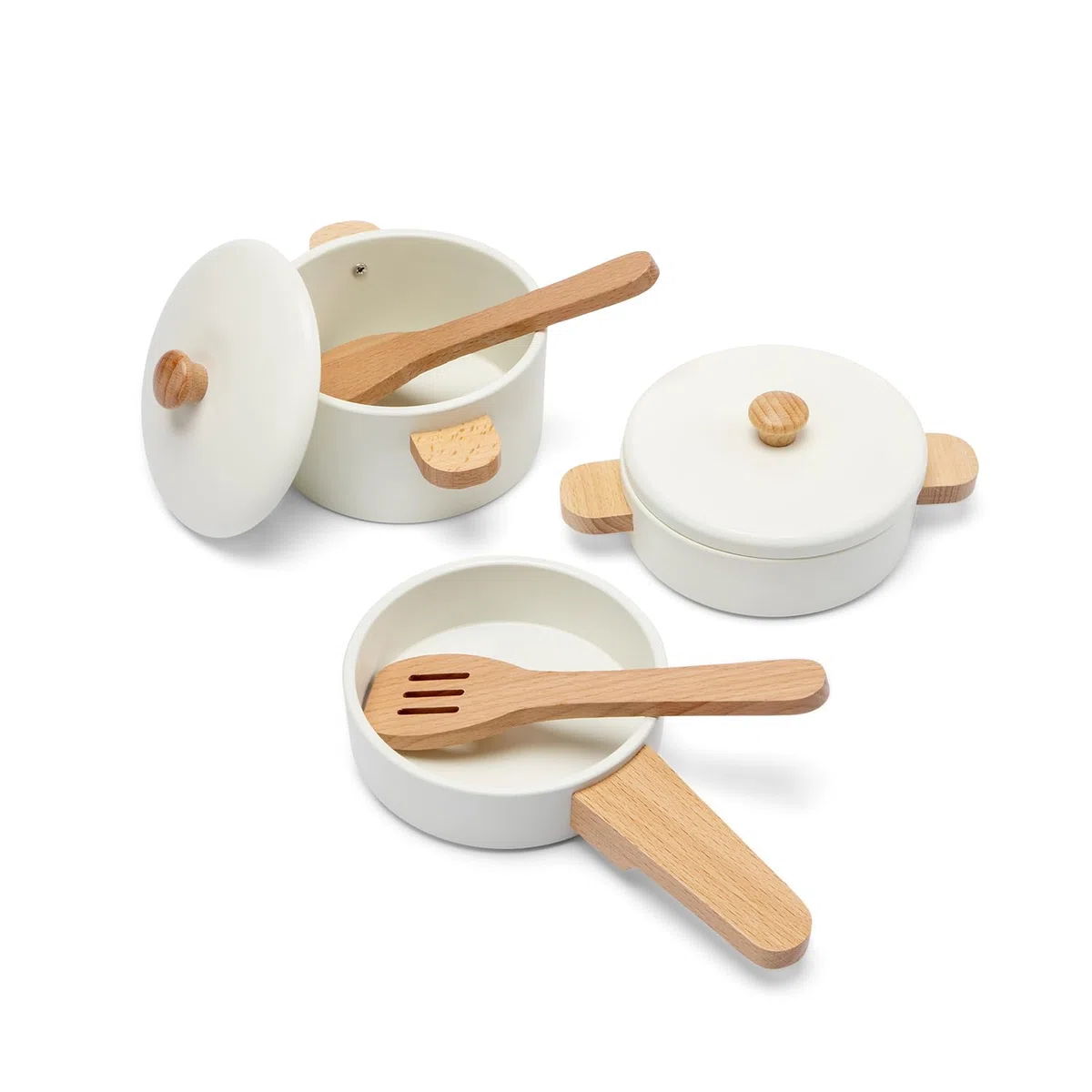Woet® – Giocattolo da Cucina in Legno per Bambini Piccoli – Set di Pentole e Padelle Bianco 7 Pezzi – Accessori Cucina Giocattolo – A Partire da 2 Anni – Regalo per Bambini
