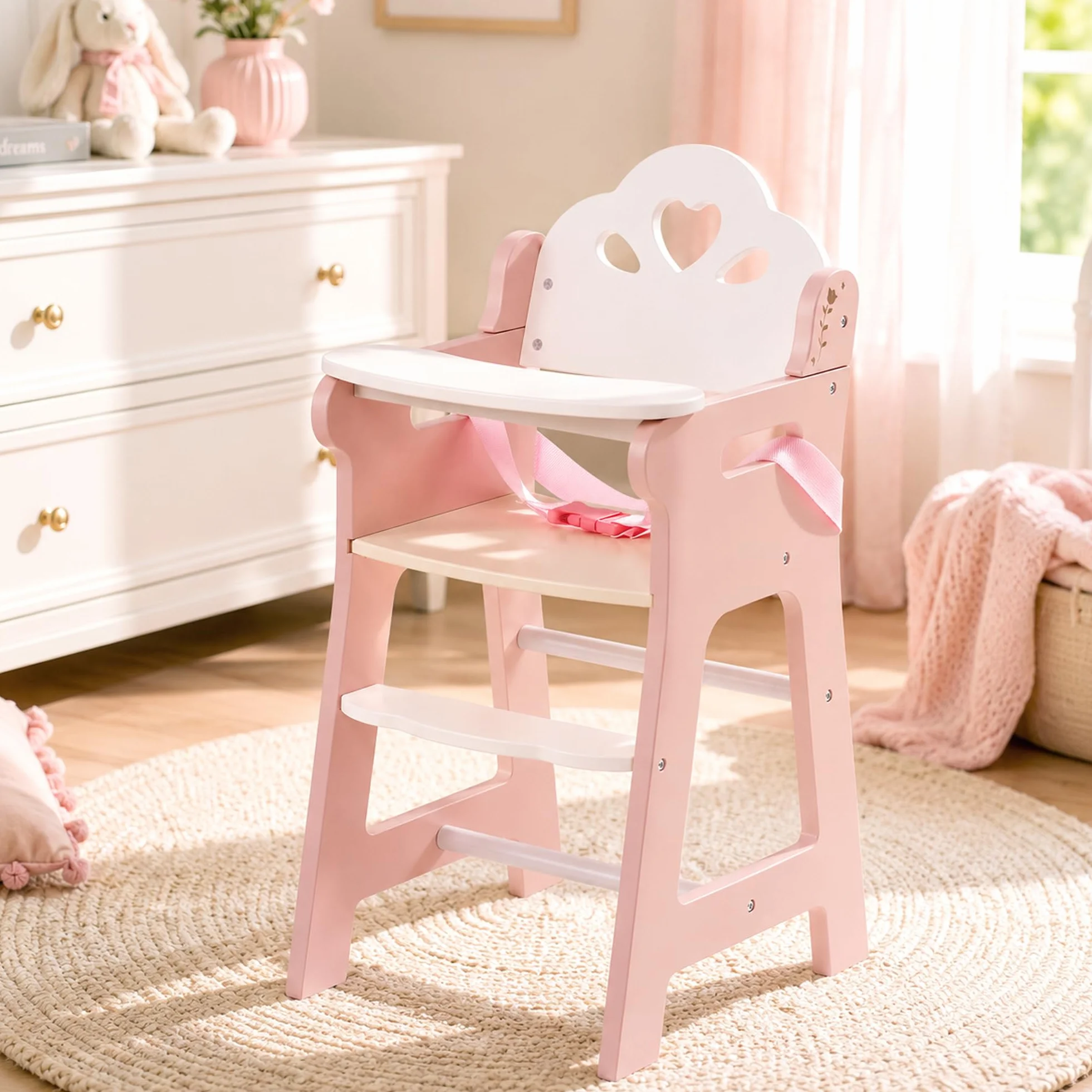 ROBOTIME Seggiolone per bambole in legno, per bambini fino a 45 cm, con cintura di sicurezza e Foodrest, sedia per l'alimentazione delle bambole, robusta ed elegante, accessorio per bambole per