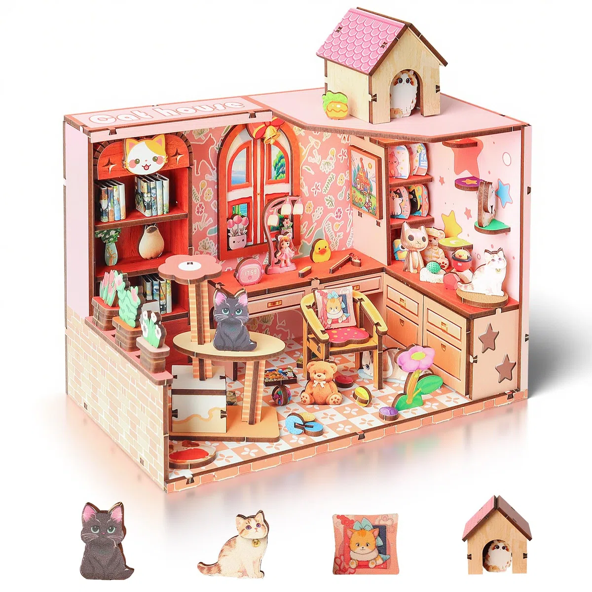 Cuteefun Miniature Casa delle Bambole, Kit da Casa di Bambole in Legno con LED, Struttura a Incastro, Facile da Assemblare, Regalo per Compleanni, Natale e Halloween (Casetta per Gatti)