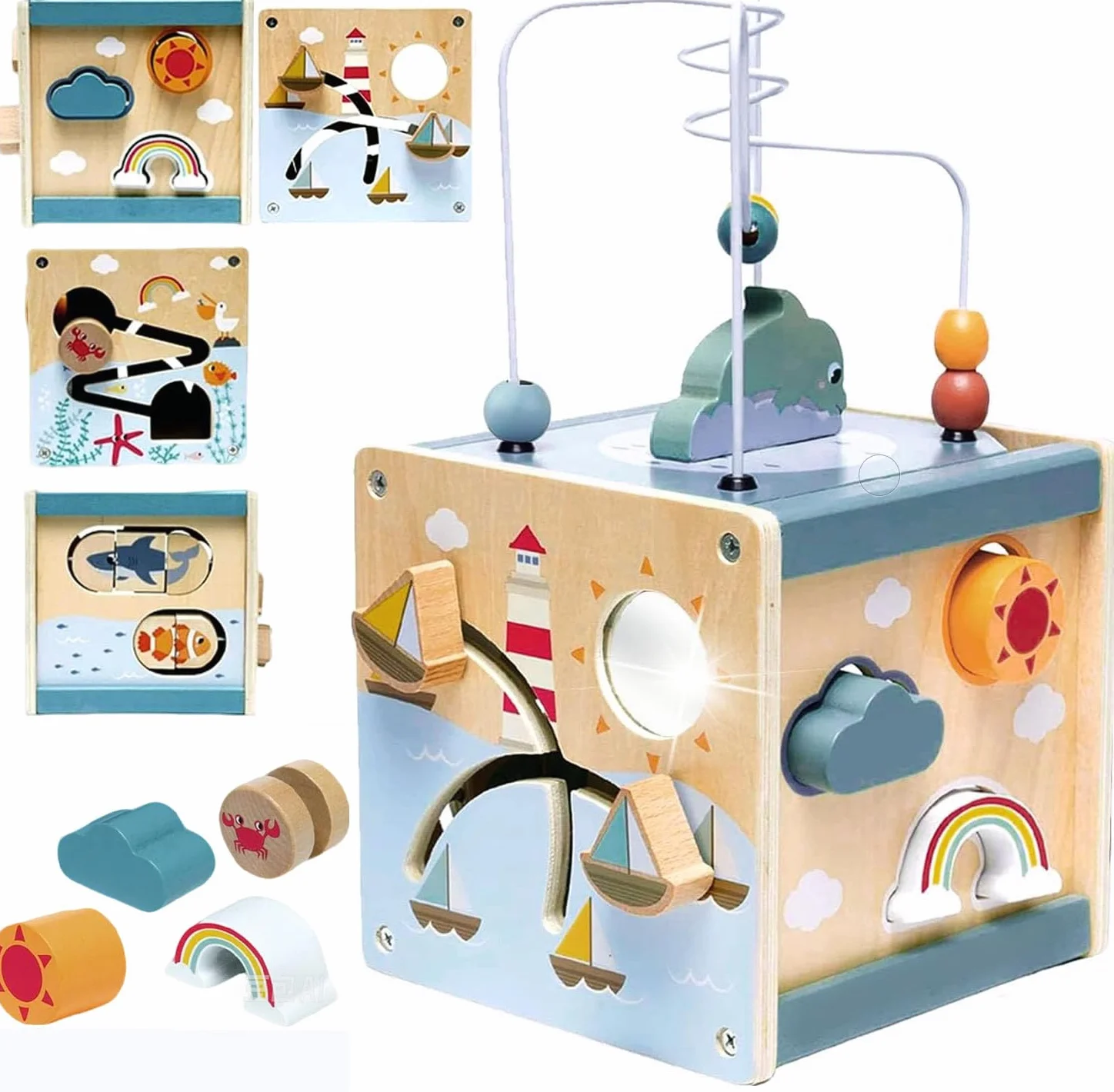 Cubo Multiattivita Legno 6 in 1 Giochi Montessori Gioco con Perlina Labirinto Puzzle Giocattolo di Apprendimento Precoce Cubo di Abilità Motorie in Legno Regalo per Ragazzi e Ragazze di 1 2 3 Anni