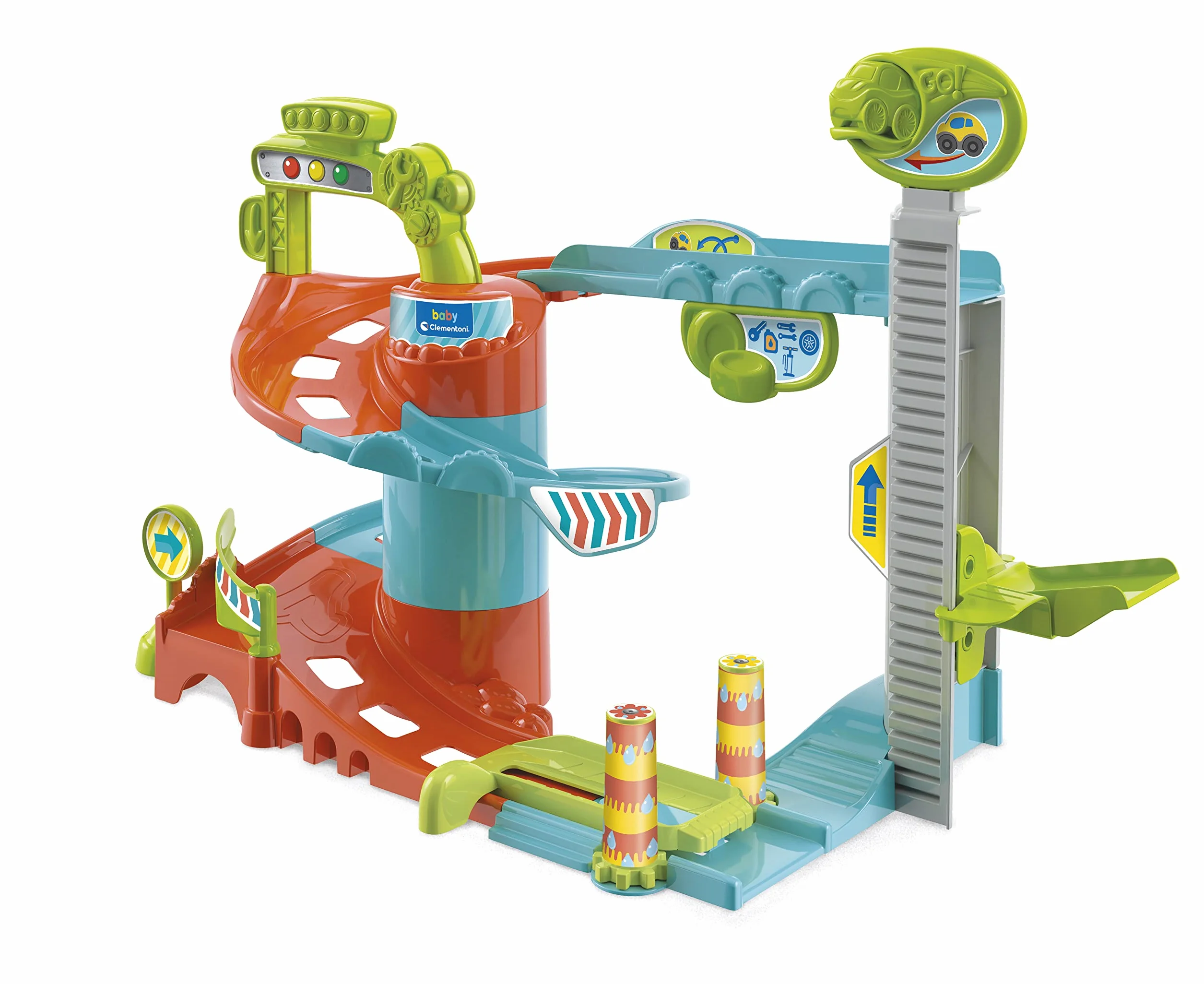 Baby Clementoni - Fun Garage Baby Track, Box e Pista Macchinine per Bambini 18+ Mesi, con 1 Macchinina, Gioco Prima Infanzia Made in Italy, Linea Play For Future, Stimola Manualità e Curiosità, 17404