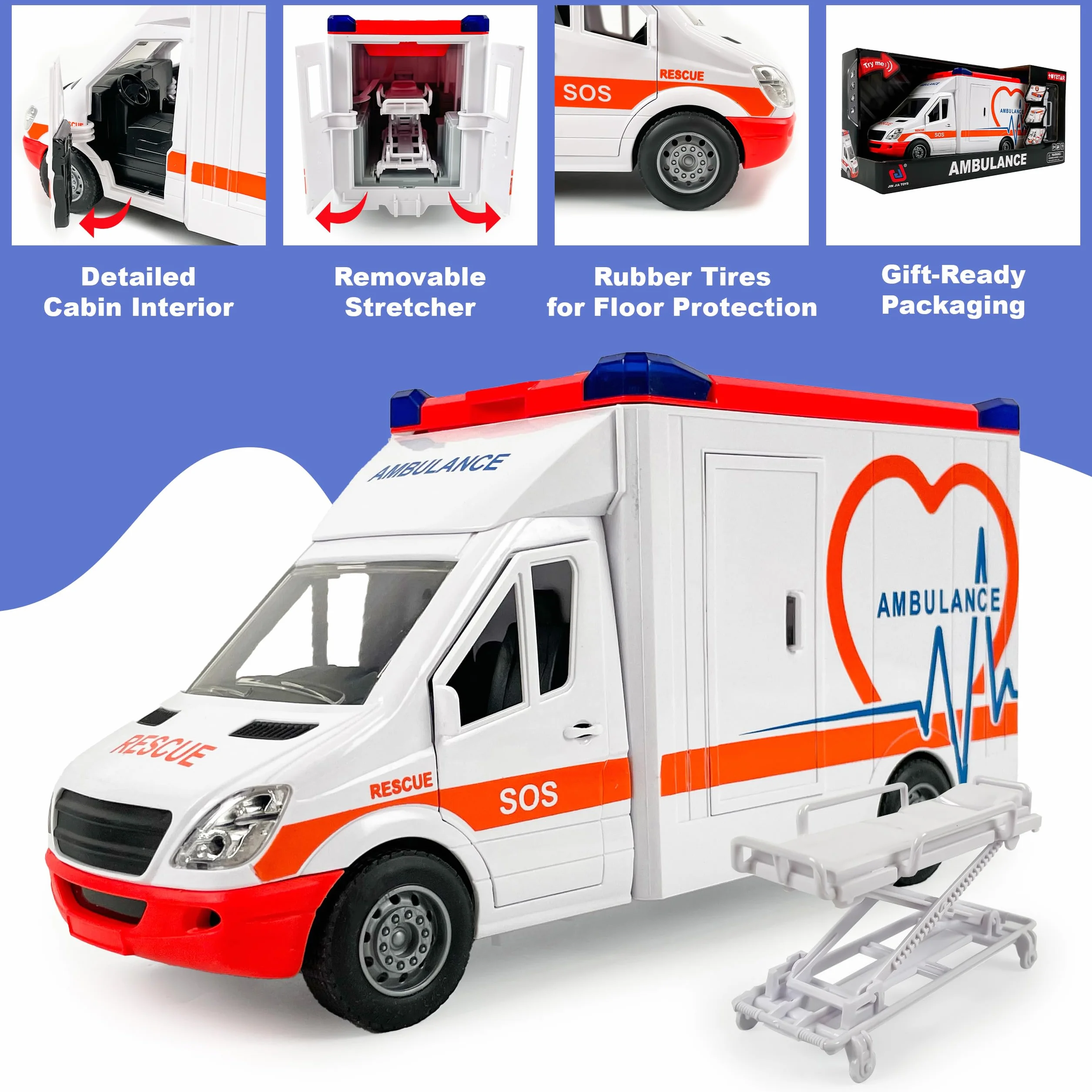 CELMAN Ambulanza giocattolo ambulanza ambulanza con barella, portellone apribile, luce e suono, grande auto giocattolo medico Responder per bambini dai 3 4 5 6 7 8 anni in su