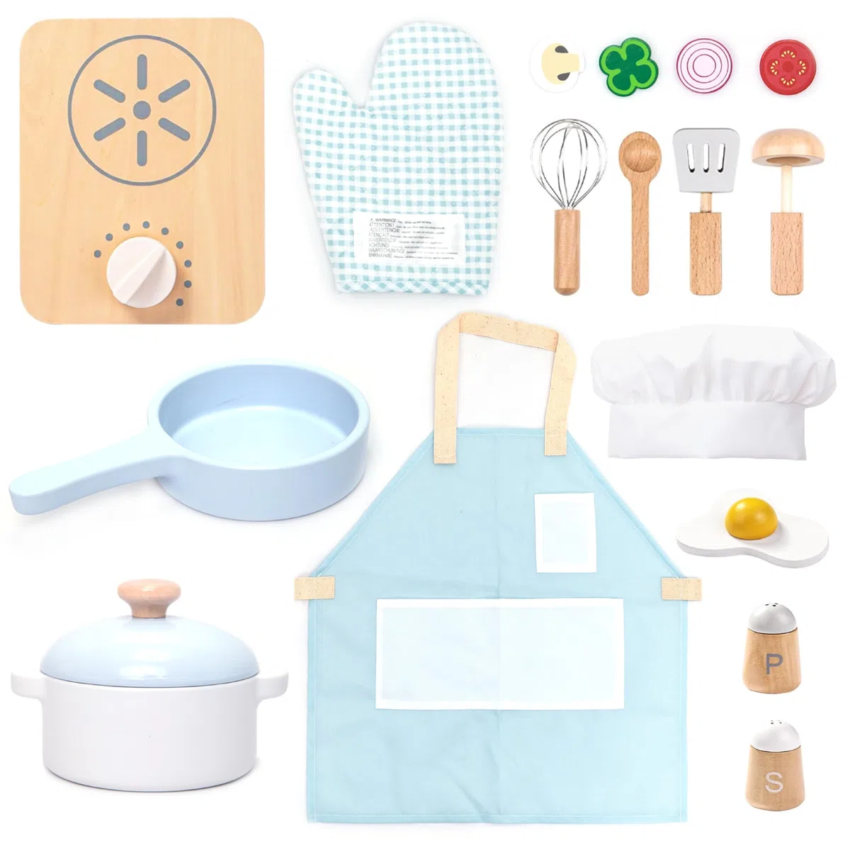 UMU - Kit da cucina in legno per bambini, con stoviglie, pentole, padelle, grembiule, cibo