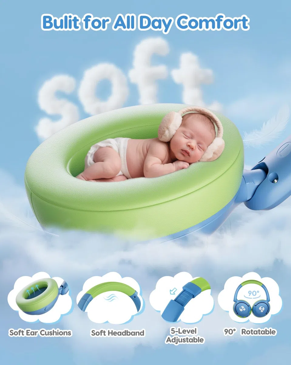 awatrue Cuffie Bluetooth per Bambini, Tasti Giganti & Microfono Integrato, Bluetooth 5.4 + Cavo AUX, Durata Della Batteria di 75 Ore, per l'uso a Scuola/in Viaggio (Bleu Vert)